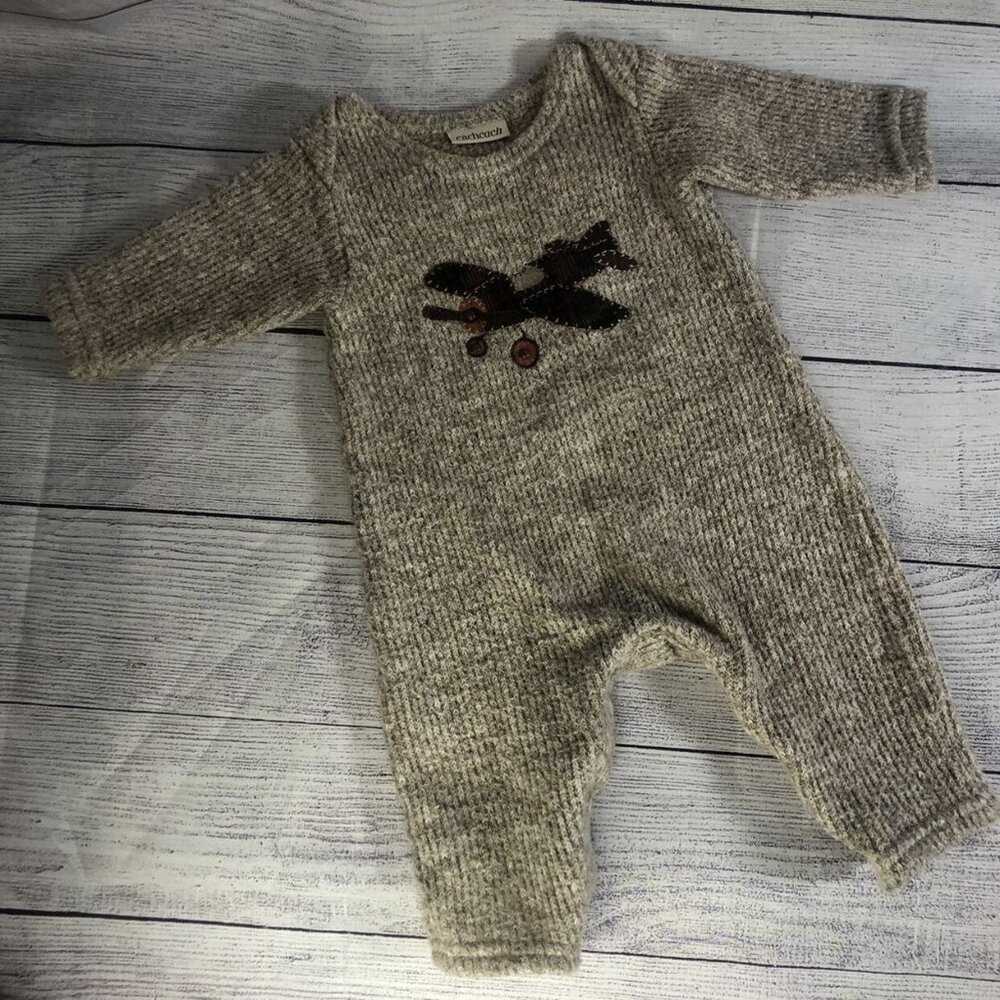 Cach Cach Size 3-6 M Brown Ribbed Sweater Romper With Airplane Appliqué